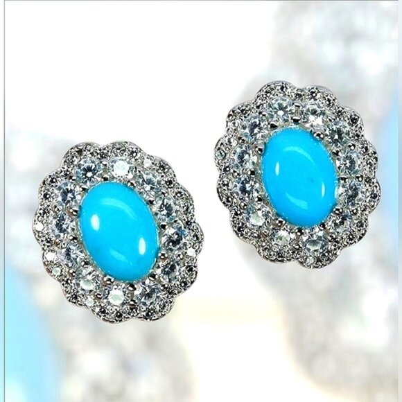 925 Sterling Silver Earrings with Natural Oval Turquoise 7x5mm & Cz - Picture 1 of 3